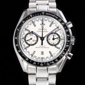 Alternative view of Omega Speedmaster Racing Chronograph 44.25mm Master Chronometer Model: 329.30.44.51.04.001 In 1957, Omega introduced the Speedmaster series, specifically designed for motorsports.a design also known as the "Racing Dial." The white frosted dial features a distinctive racing-style minute track.Black ceramic bezel with white enamel-filled test scale. Case diameter: 44.25mm. Powered by the 9900 Master Chronometer Dual-T movement. Frequency: 28,800 vibrations per hour. Power reserve: 60 hours. Stainless steel case and bracelet. Double-sided anti-reflective, scratch-resistant curved crystal. The striking black-and-white color scheme is both eye-catching and classic. Some refer to this design as the"Panda Dial."